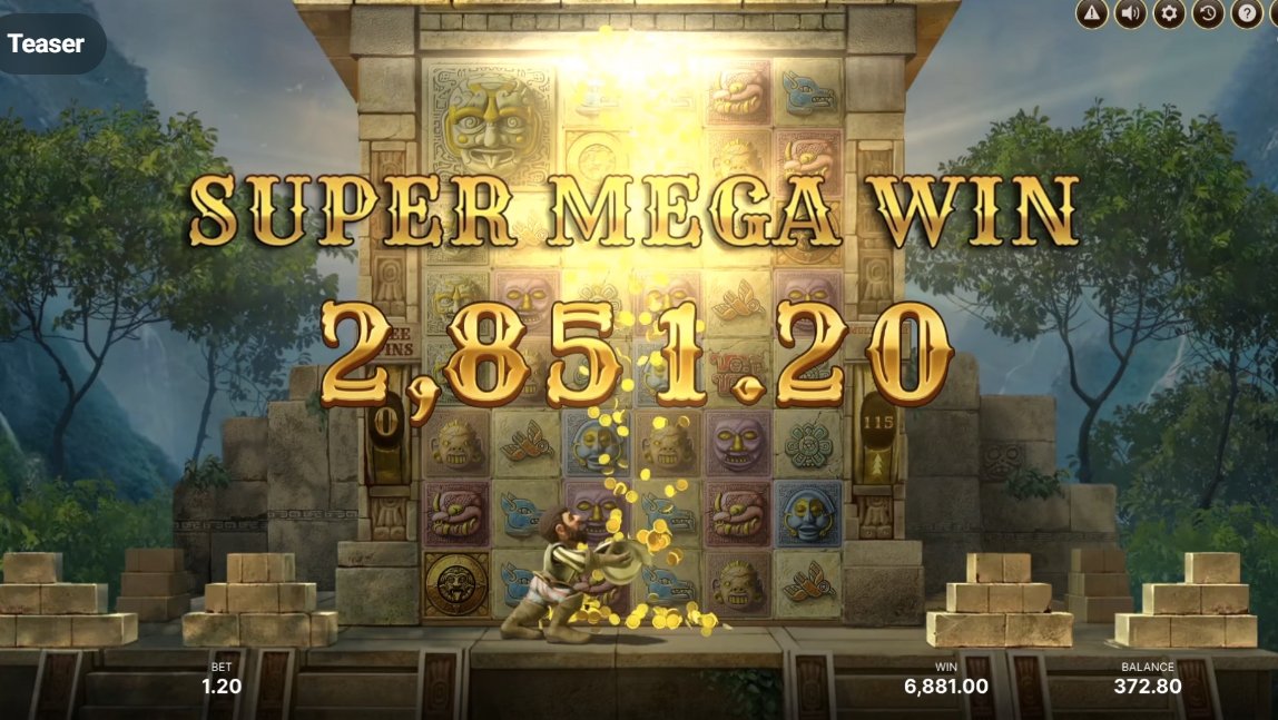 Super Mega Win screen showing 2851 payout with Gonzo celebrating and coins falling