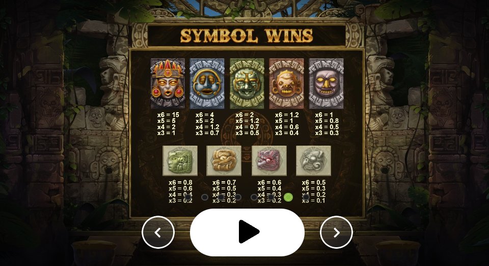 Symbol wins paytable showing nine carved stone masks with payout values